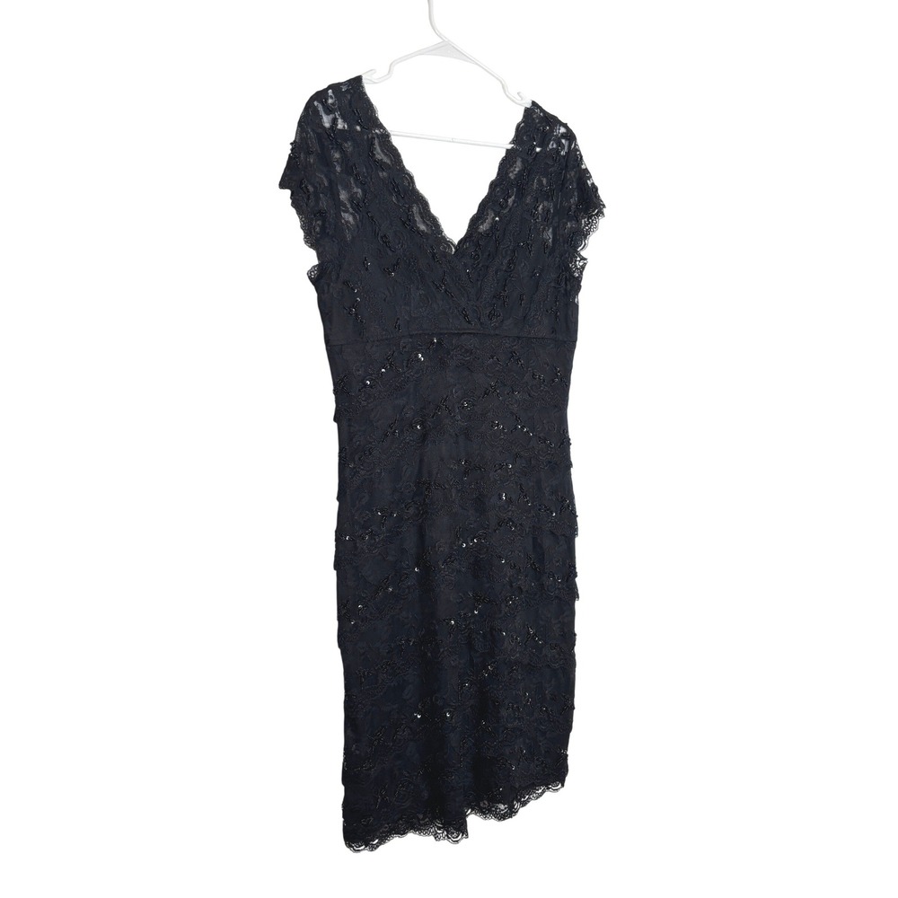 Marina Lace Sheath Dress Women 12 Black Sequin Beaded Tiered Cocktail V-Neck - Picture 7 of 12